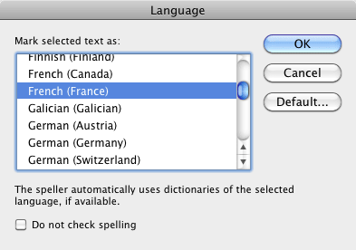 Language dialog box Language dialog box