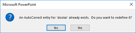Message window asking confirmation for redefining an existing word pair entry Message window asking confirmation for redefining an existing word pair entry
