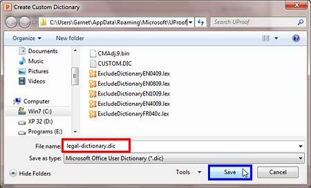 Create Custom Dictionary dialog box Create Custom Dictionary dialog box