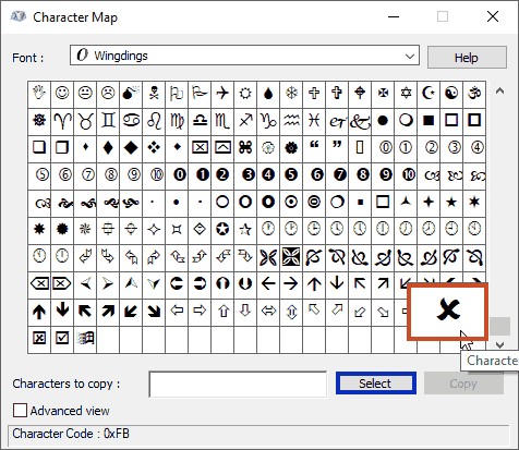 Advanced view in Character Map