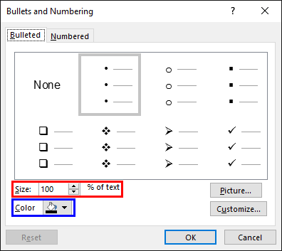 Bullet options within the Bullets and Numbering dialog box Bullet options within the Bullets and Numbering dialog box