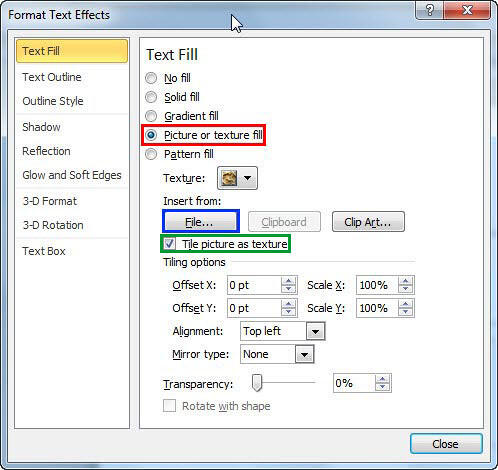 Picture or texture fill options within Format Text Effects dialog box Picture or texture fill options within Format Text Effects dialog box