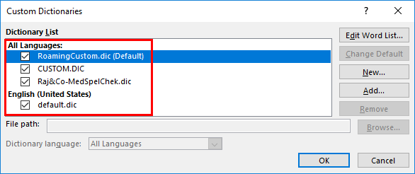 Custom Dictionaries dialog box Custom Dictionaries dialog box