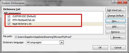 Custom Dictionaries dialog box