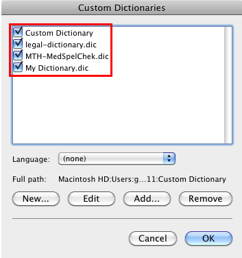 Custom Dictionaries dialog box Custom Dictionaries dialog box