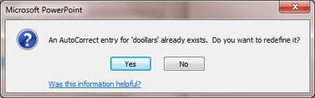 Message window asking confirmation for redefining an existing word pair entry Message window asking confirmation for redefining an existing word pair entry