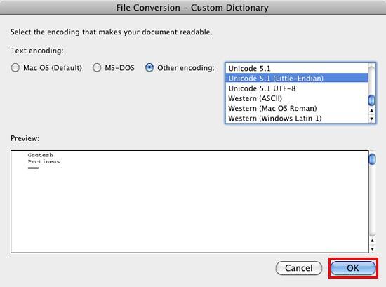 File Conversion dialog box for the selected Custom Dictionary