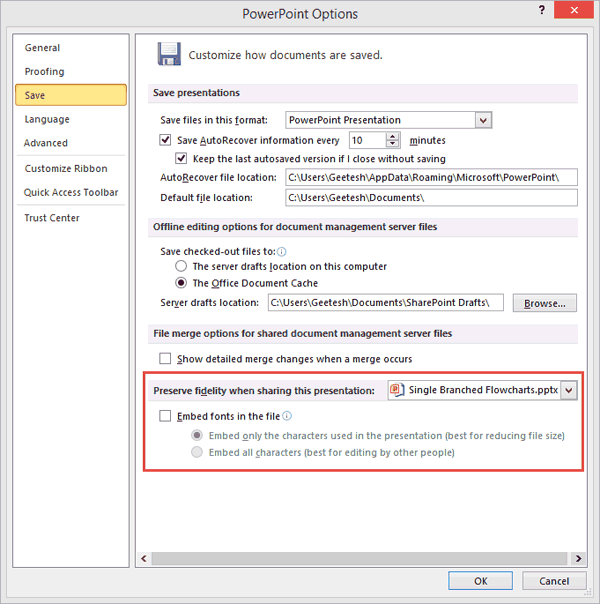The Save tab provides font embedding options