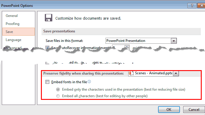 The Save tab provides font embedding options The Save tab provides font embedding options