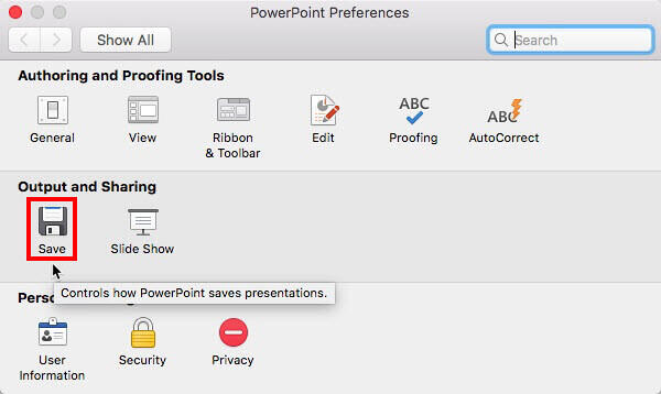 Save option within PowerPoint Preferences dialog box Save option within PowerPoint Preferences dialog box