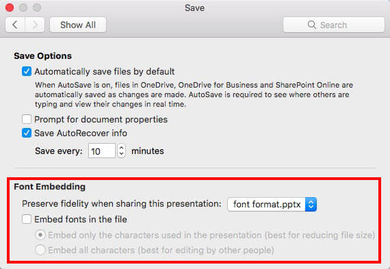 Font embedding options within Save dialog box Font embedding options within Save dialog box