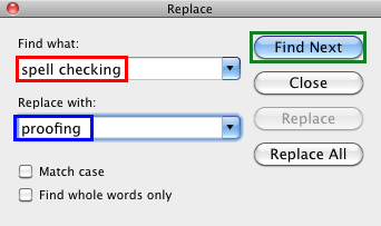Replace dialog box Replace dialog box