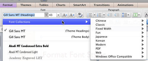 Font Collections option within Font drop-down gallery