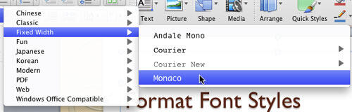 Font type Monaco being selected within the Fixed Width category