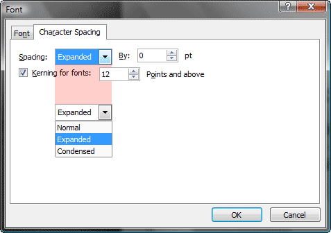 Character Spacing dialog box Character Spacing dialog box