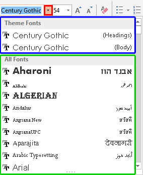 Font drop-down gallery
