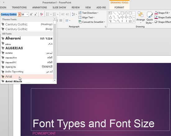 Arial font type being selected