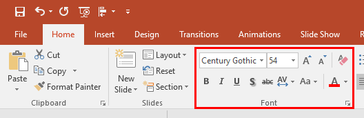 Font group within the Home tab of the Ribbon