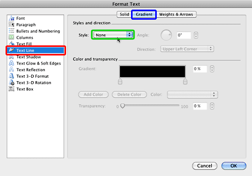 Format Text dialog box with Gradient text line options greyed out