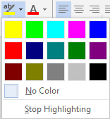 Text Highlight Color drop-down menu Text Highlight Color drop-down menu