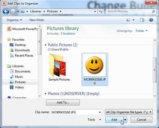 Add Clips to Organizer dialog box