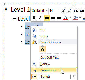 Paragraph option selected within the context menu Paragraph option selected within the context menu