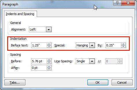 Indentation options within Paragraph dialog box Indentation options within Paragraph dialog box