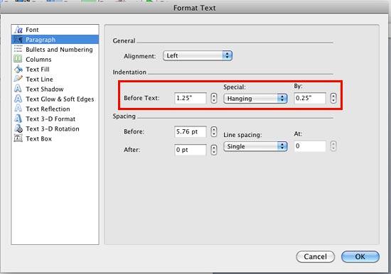 Paragraph Indentation options within Format Text dialog box