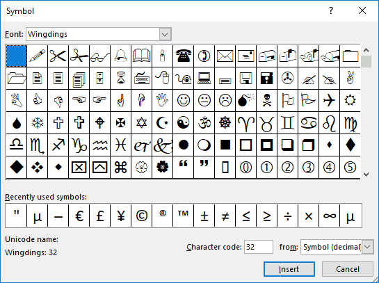 Choose to insert characters from a dingbat font Choose to insert characters from a dingbat font