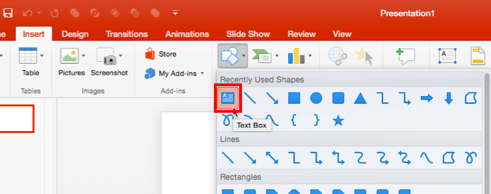 Text Box option within the Shapes drop-down gallery Text Box option within the Shapes drop-down gallery