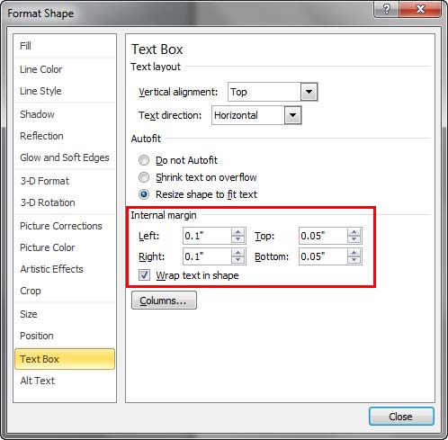 Text Box pane selected within Format Shape dialog box Text Box pane selected within Format Shape dialog box