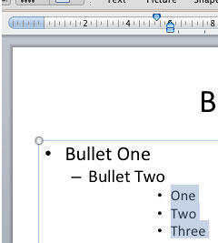 Selected bulleted paragraphs repositioned rightwards