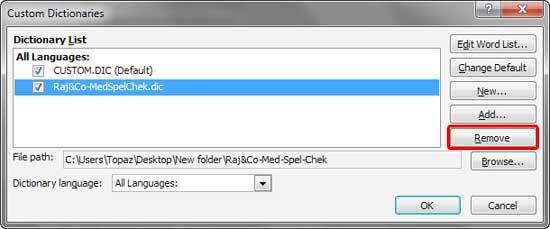 Custom dictionary selected for deletion Custom dictionary selected for deletion