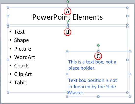 Various text containers selected on the slide Various text containers selected on the slide