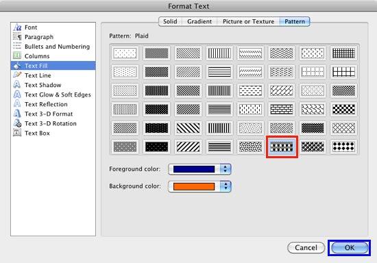 Pattern fill options selected for the text Pattern fill options selected for the text