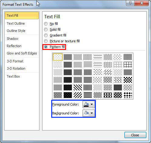 Pattern fill options within Format Text Effects dialog box