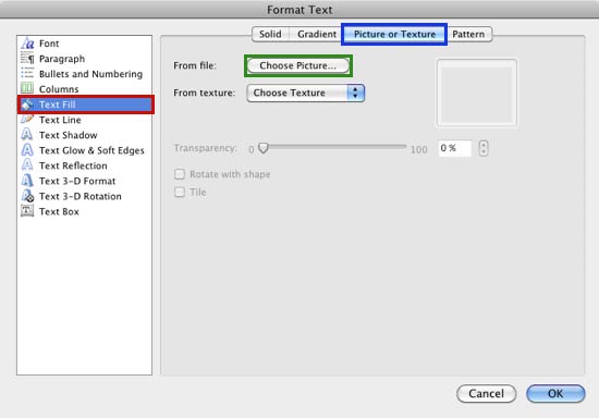 Format Text dialog box Format Text dialog box