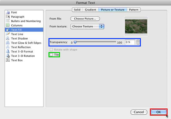 Selected picture shows within the Format Text dialog box Selected picture shows within the Format Text dialog box