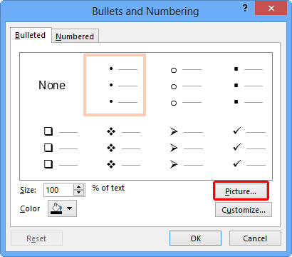 Bullets and Numbering dialog box