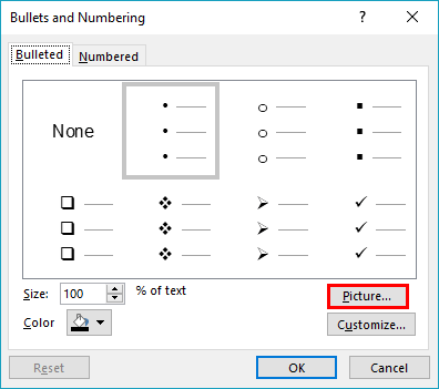 Bullets and Numbering dialog box