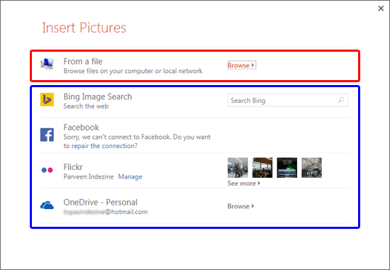Insert Pictures dialog box Insert Pictures dialog box