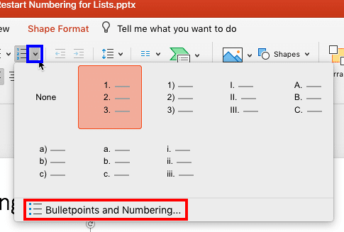 Numbering drop-down gallery