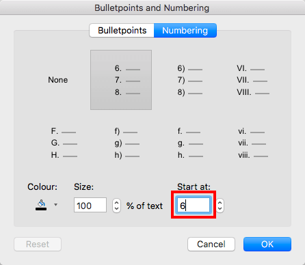 Start at number changed to 6