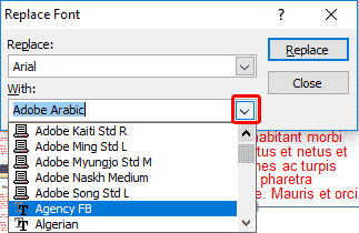 Font selected to replace the existing Font