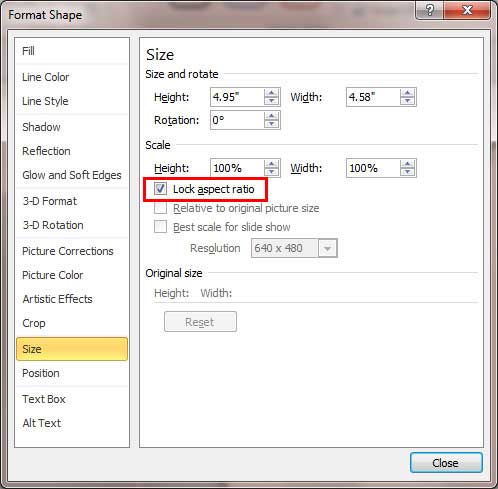 Size editing options within Format Shape dialog box Size editing options within Format Shape dialog box