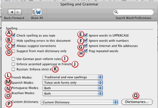Set spelling options within Spelling and Grammar dialog box Set spelling options within Spelling and Grammar dialog box