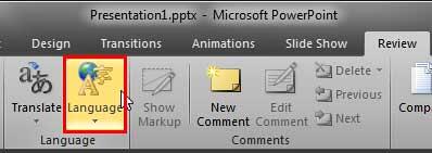 Language button within the Review tab of the Ribbon Language button within the Review tab of the Ribbon
