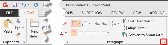 Paragraph dialog launcher within Home tab