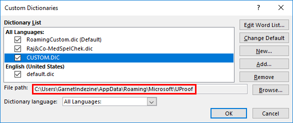 File path displaying the selected dictionarys location File path displaying the selected dictionarys location