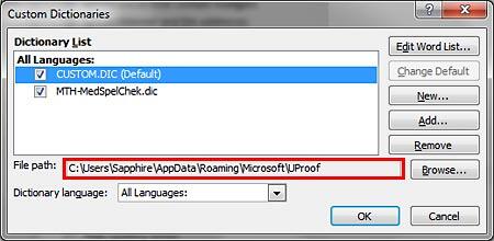 File path displaying the selected dictionarys location File path displaying the selected dictionarys location
